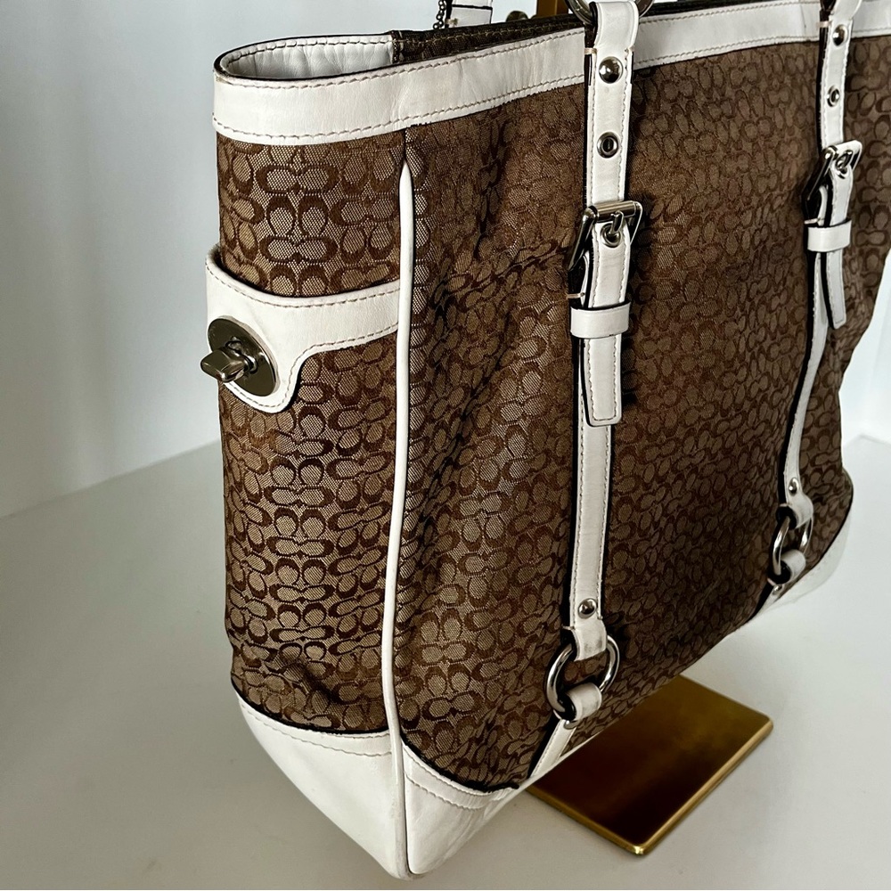 Coach Signature Gallery Tote F11526 Khaki Jacquard White Leather Trim Y2K - Picture 7 of 15